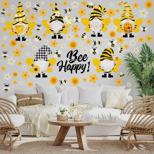 Miniatura 5 de Capoda 167 calcomanías de pared de gnomo de abeja, 6 hojas de calcomanías de pared de gnomo de girasol para ventanas de vidrio, calcomanías