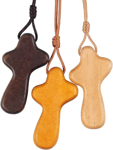 Mubaile 3 collares de cruz de madera para mujeres, hombres, niños Cruz de madera natural tallada a mano Collar pequeño con colgante de cruz de