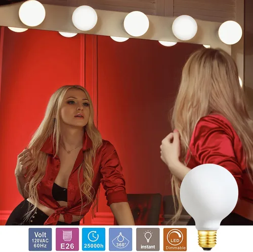 Miniatura 5 de Leools - Bombilla LED G25/G80 regulable sin parpadeo mate 6 W de vidrio esmerilado CRI95, luz blanca cálida 600 lm, bombilla LED Edison estilo globo