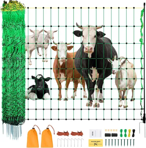 VEVOR Valla Eléctrica de Malla, 127 cm de A x 49.99 m de L, Valla de Malla para Ganado con Postes y Estacas, Mallas Portátiles para Cabras, Ovejas,
