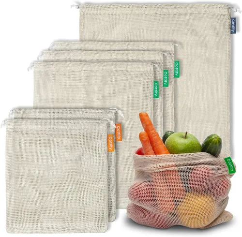 6 bolsas reutilizables para productos alimenticios lavables | Bolsas de malla de algodón orgánico para productos | Doble costura y peso de tara |