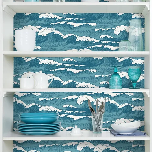Miniatura 3 de VaryStyle Papel tapiz vintage con ondas azul marino/blanco océano costero, papel tapiz autoadhesivo para despegar y pegar, papel de contacto