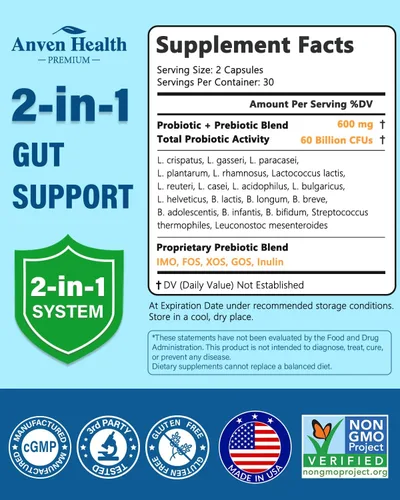 Miniatura 2 de 60 mil millones de probióticos y prebióticos para mujeres y hombres, 19 cepas, 5 prebióticos orgánicos para la salud intestinal digestiva e General