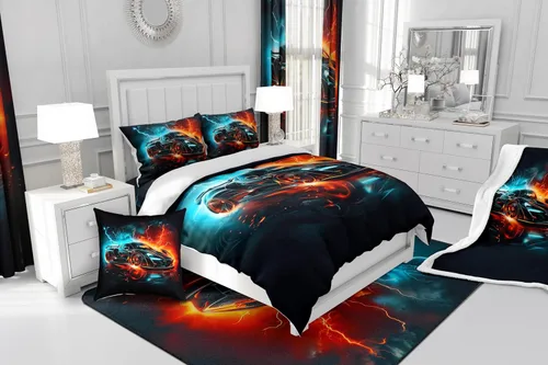Miniatura 5 de Manfei Sports Car Kids Throw Blanket Blue and Orange Fire Bed Blanket for Boys Girls Room Decor, Black Racing Car Blanket for Couch Sofa, Soft and