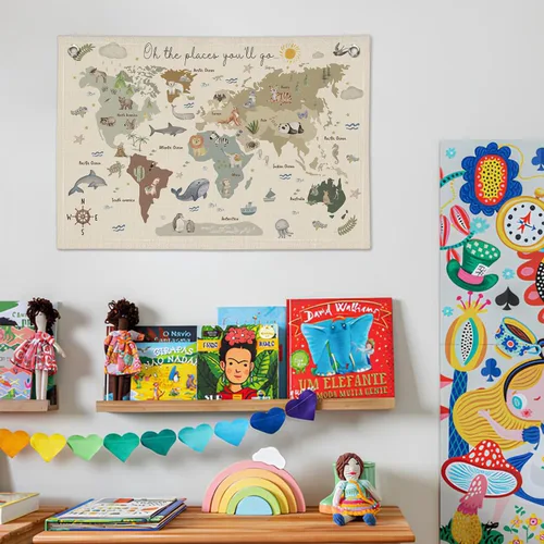 Miniatura 7 de Wheatwin Decoración de sala de juegos, pancarta de mapa del mundo para niños, mapas del mundo para pared, mapa del mundo, lindo tapiz de animales