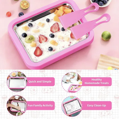Miniatura 5 de Máquina de helados enrollada con 2 raspadores, bandeja de acero inoxidable de grado alimenticio para yogur congelado y granizado, hecho en casa