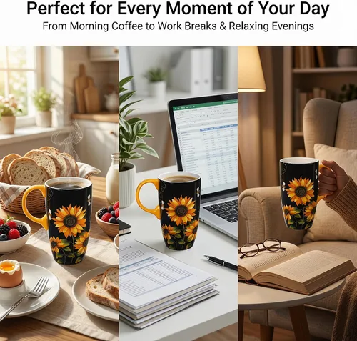 Miniatura 3 de Taza de viaje de cerámica de girasol de Topadorn con tapa y caja de regalo a juego, taza de café latte, 17oz. Hola, sol
