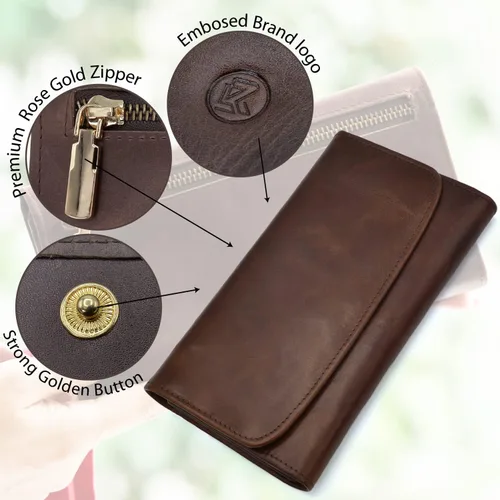 Miniatura 4 de Leather SR Cartera de cuero de grano superior RFID para mujer, con aspecto vintage resistente con 13 ranuras para tarjetas, 2 compartimentos