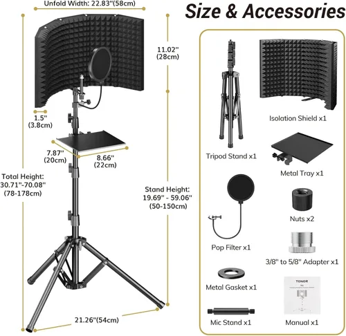 Miniatura 4 de TONOR Paquete de protectores de aislamiento para micrófono, escudo de espuma acústica con filtro pop y soporte para trípode, diseño plegable