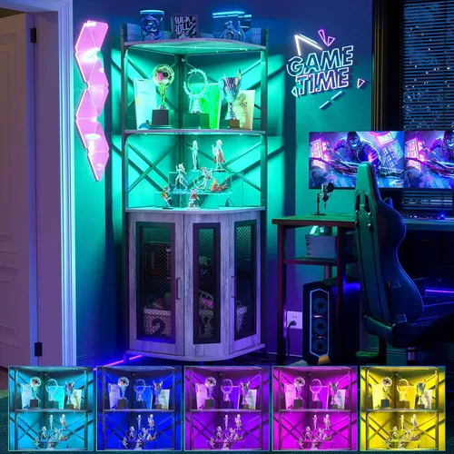 Miniatura 7 de Aheaplus Armario de barra de esquina con toma de corriente, gabinete industrial para vino con tira LED y soporte para vidrio, gabinete de licor de 5