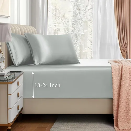 Miniatura 12 de VACVELT Juego de sábanas bajeras de satén de 3 piezas con bolsillos extra profundos para cama matrimonial, sábana bajera color gris que se ajusta a
