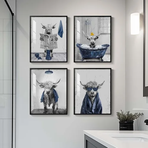 Miniatura 16 de Arte de pared divertido de vaca de las tierras altas enmarcado para baño, 4 piezas de divertidos animales, impresiones artísticas azul marino, linda