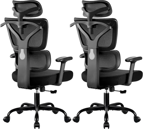 Miniatura 18 de Silla de oficina ergonómica con respaldo alto y soporte lumbar, silla de computadora de malla transpirable con reposabrazos ajustables, silla Blanco