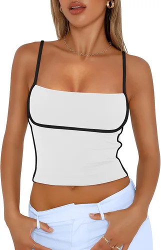 Trendy Queen Camiseta sin mangas para mujer con tirantes delgados ajustables, linda camiseta corta para salir de verano