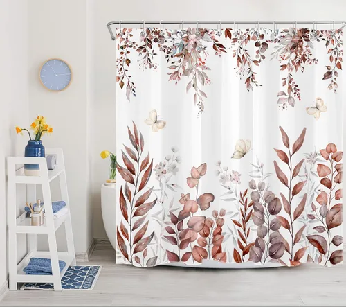 Miniatura 21 de LB Cortina de ducha de hojas de otoño, cortina de baño de hojas de eucalipto y mariposas, cortina de baño de plantas de otoño con gancho, 72 x 72