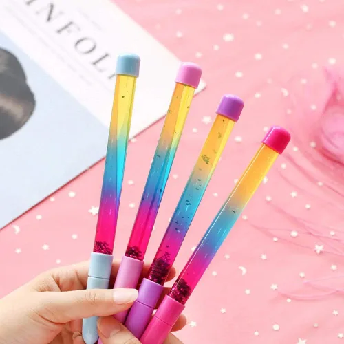 Miniatura 3 de Acfun 4 bolígrafos de punta redonda con purpurina y arena líquida, diseño de arco iris, con cristales dinámicos, tinta de gel, para regalo de mujer