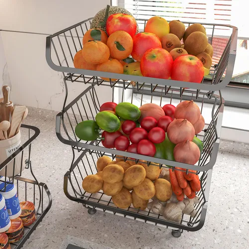 Miniatura 4 de FANWU Soporte de cesta de frutas de 4 niveles, carrito de almacenamiento de frutas y verduras, cesta de almacenamiento de alambre con ruedas, Bronce