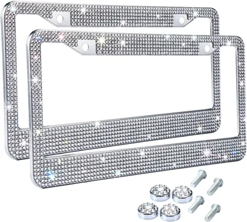 Miniatura 17 de Marcos de matrícula multicolor con diamantes de imitación brillantes para mujer, cubierta de matrícula de metal a prueba de óxido, accesorios