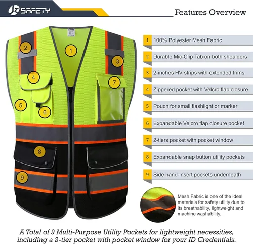 Miniatura 3 de JKSafety Chaleco de seguridad frontal con cremallera de alta visibilidad de 9 bolsillos de color dual MESH Lite Tira reflectante con ribete
