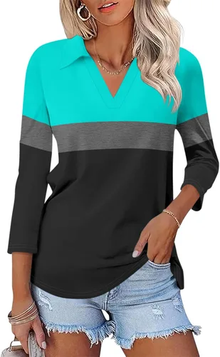 Miniatura 6 de TICTICMISS - Camisas polo de cuello en V para mujer, manga 3/4, con cuello, tops casuales de negocios, tops de verano a la moda, holgados