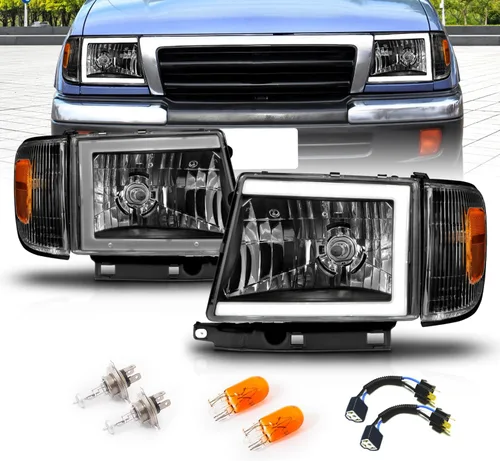 AmeriLite para camioneta Toyota Tacoma 2WD 1997-2000, faros delanteros de tubo LED negros de repuesto + juego de luz de esquina - lado del pasajero