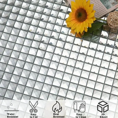 Miniatura 5 de Diflart 10 hojas de azulejos de mosaico de vidrio para despegar y pegar, cuadrado plateado de 3/4 pulgadas, azulejos de espejo de diamante de Pelar