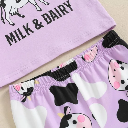 Miniatura 75 de fhutpw Conjunto de camiseta de manga corta con estampado de vaca y pantalones acampanados de dibujos animados para niñas