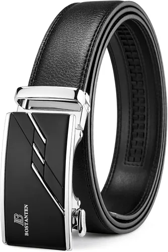 BOSTANTEN Cinturón de cuero con trinquete para hombre con hebilla ajustable deslizante, corte para adaptarse, Negro -