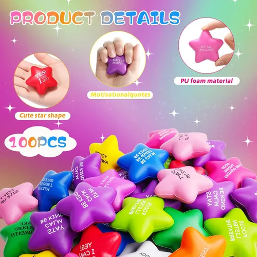 Miniatura 3 de SHQDD 100 pelotas antiestrés con forma de estrella a granel para adultos y niños - Citas motivacionales, juguetes de espuma suave para apretar