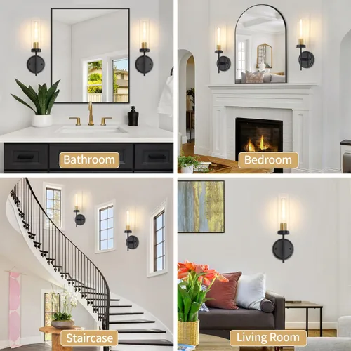 Miniatura 3 de Juego de 2 apliques de pared modernos, luces de tocador de baño negras y doradas con vidrio transparente, juego de 2 apliques de pared con cableado
