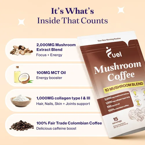 Miniatura 5 de Fuel Nutrition Café instantáneo orgánico con colágeno y hongos, café instantáneo orgánico bajo en cafeína, 15 porciones