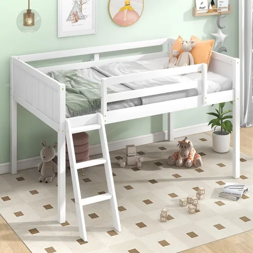 Miniatura 13 de Cama baja de tamaño individual con escalera convertible, se puede colocar a la izquierda o derecha, marco de cama de madera para dormitorio