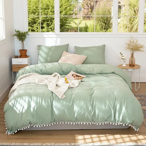 Miniatura 17 de Bedbay Juego de edredón bohemio color beige, edredón con pompones, decoración de habitación estética, bonito juego de ropa de cama con flecos