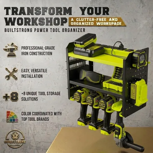 Miniatura 3 de BUILTSTRONG Organizador de almacenamiento de herramientas de metal resistente - Organizador de montaje en pared de 3 niveles, soporte de taladro