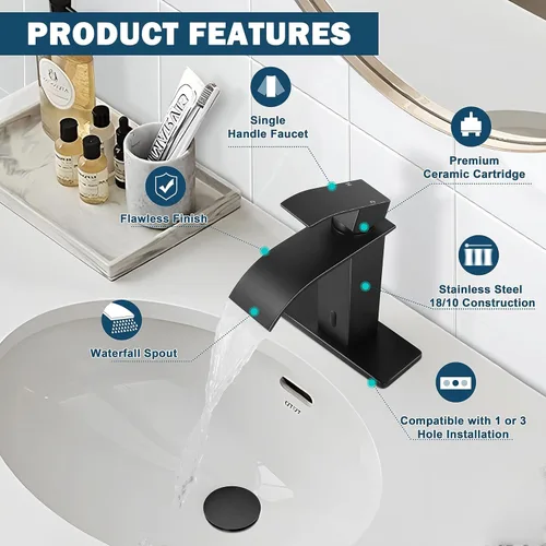 Miniatura 4 de Herogo - Grifo de lavabo de baño sin contacto, sensor automático, color negro mate, cascada de acero inoxidable, con drenaje desplegable de latón