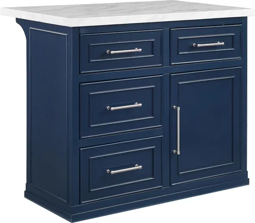 Crosley Furniture Cutler - Isla de cocina con parte superior de mármol sintético con almacenamiento, barra de desayuno, soporte para microondas,