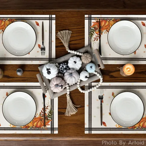 Miniatura 3 de Artoid Mode Juego de 2 manteles individuales de otoño y hojas de calabaza, 12 x 18 pulgadas, para decoración de fiestas, cocina, comedor