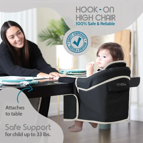 Miniatura 2 de Elegante silla alta de piel sintética con gancho para bebé, asiento de bebé portátil para comer, viajar y accesorio de mesa Gris