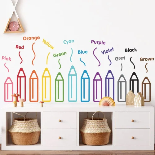 Lápices de colores, calcomanías de pared para habitación de niños, guardería, 12 colores, calcomanías de crayones para decoración de aula,