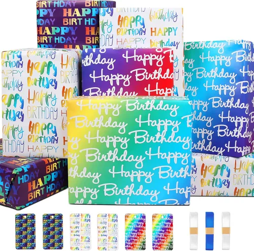 BWLOIES Papel de Regalo de Cumpleaños Hojas de Papel de Regalo de Cumpleaños Hradient Multicolor Feliz Cumpleaños Juego de Papel Incluye Papel de