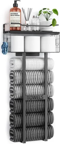 Aetyord Toallero para Baño de 31 Pulgadas Montado en Pared, Estante Flotante con Tablero de Madera, Almacenamiento de Toallas para Baño que Puede
