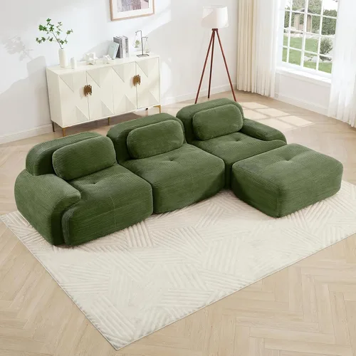 Sofá moderno comprimido sin armazón de 116 pulgadas con otomana, sofás seccionales grandes en forma de L de 3 plazas para sala de estar, sofá Verde