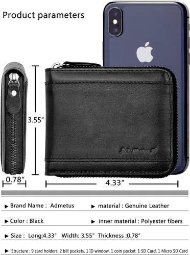 Miniatura 50 de Admetus Billeteras con bloqueo RFID para hombre, billetera de cuero con cremallera para hombres con tarjetero RFID plegable