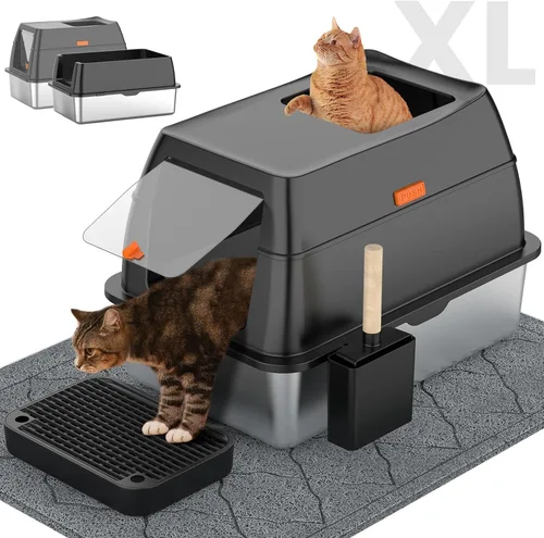 Caja de arena de acero inoxidable con tapa, caja de arena para gatos de entrada frontal y salida superior, caja de metal cerrada extragrande para