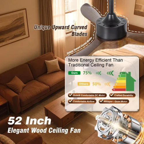 Miniatura 6 de Ventilador de techo de madera marrón de 52 pulgadas con luz y control remoto, motor de CC silencioso, 6 niveles de velocidad, luces regulables