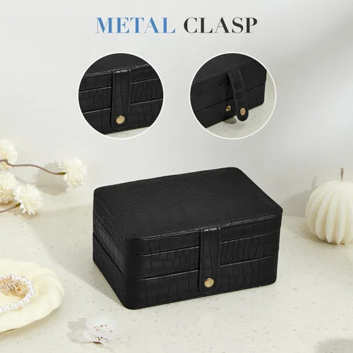 Miniatura 6 de Estuche de joyería de viaje, caja organizadora de joyas portátil con 3 capas de almacenamiento de piel sintética para aretes, collares, anillos