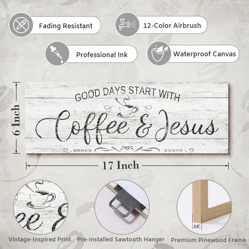 Miniatura 6 de Letrero cristiano de café para decoración – Good Days Start with Coffee & Jesus – Placa de lona rústica para colgar en la pared del hogar, cocina