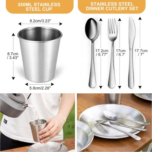 Miniatura 4 de Odoland Juego de utensilios de cocina de acero inoxidable para acampar para familia y persona, cubiertos de vajilla de cocina con platos, tazones