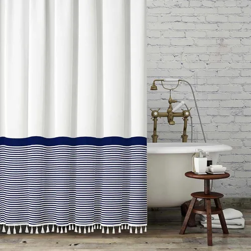 Miniatura 9 de Cortina de ducha gris Seasonwood Moderna de tela con borlas blancas, cortinas de ducha estilo casa de campo a rayas, impermeable, 72x72 pulgadas