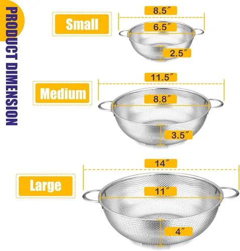 Miniatura 2 de E-far Juego de 3 coladores de acero inoxidable (1-3-5 cuartos de galón), colador de metal microperforado con mango para cocina/escurrimiento